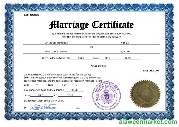 San Marino marriage certificate Word and PDF template